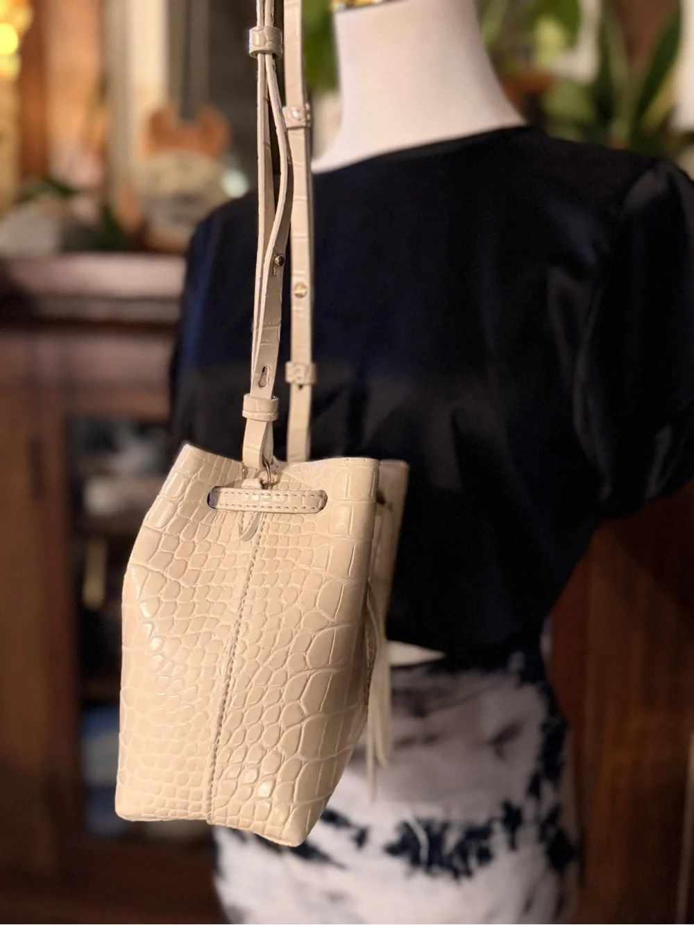 Nanushka - Beige Croc Embossed Faux Leather Mini Bucket Bag